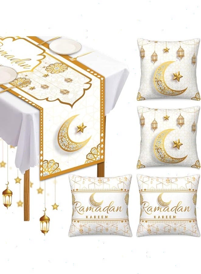 RedMapleTEK Ramadan Decorations, 5pcs RamadanTable Decorations with Ramadan Table Runner and 4 Pcs Decorative Pillow Covers(White) - Image 1